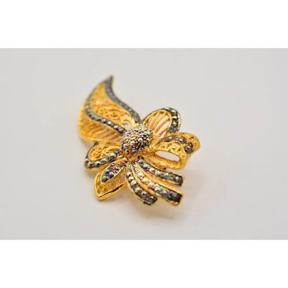 Vintage Flower Bow Pin Brooch Gold Silver Tone Antiqued Gunmetal Chunky 1980s 9B